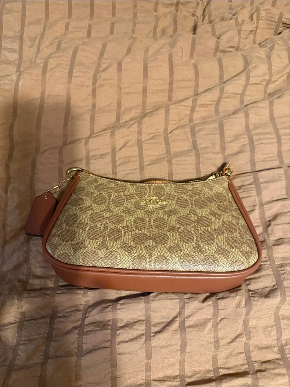 Coach Tan Signature Canvas Crossbody with Brown Leather Trim